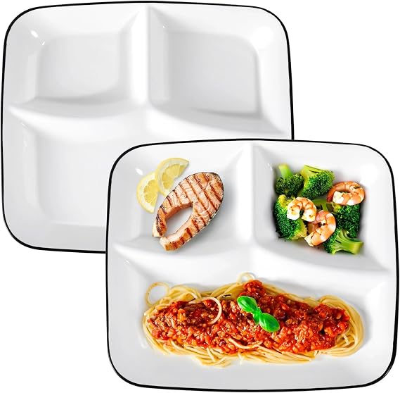2Pcs Portion Control Plates, 10" Ceramic Divided Plates for Adults, Rectangles Porcelain Dinner Diet Plate, White Ceramic Plate for Balanced Meals, Diabetes and Weight Loss Diet
