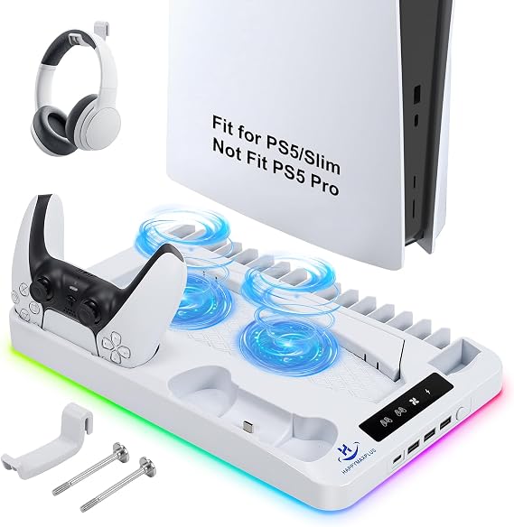 PS5 Cooling Station with Dual Controller Charger, Headset Holder, 3 USB & USB-C Hub, Vertical Stand for PlayStation 5 / Slim (White)