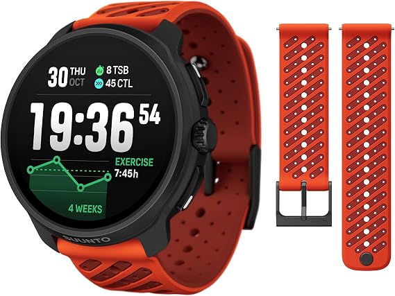 SUUNTO Race 2 GPS Sports Watch, 1.5" AMOLED Touchscreen w/Crown, Coral Orange & SUUNTO 22 ATH8 Silicone Strap Orange S+M