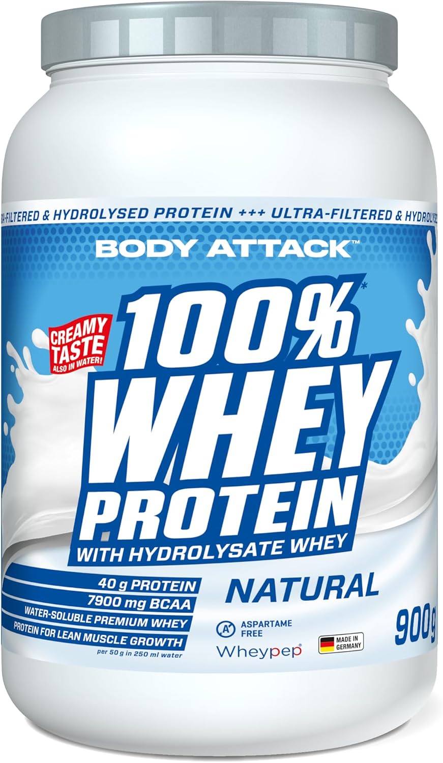 Body Attack 100% Whey Protein Natural 900 g Made in Germany Extra Creamy Protein Powder with Hydrolysate and BCAAs Supports Muscle Building and Dieting for all Sportpersons & Athletes