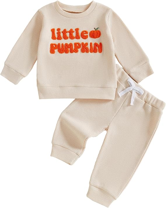 Karuedoo Toddler Baby Boy Halloween Outfit Little Pumpkin Embroidered Waffle Knit Sweatshirt and Pants Set 2Pc Fall Clothes