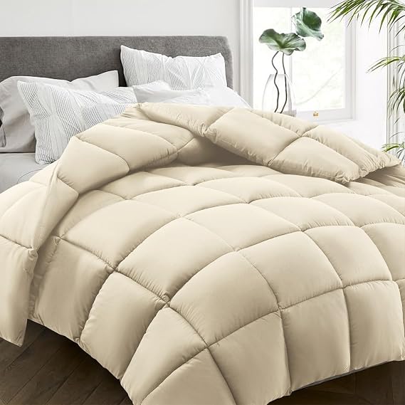 HYLEORY All Season Twin Size Bed Comforter - Cooling Down Alternative Quilted Duvet Insert with Corner Tabs - Winter Warm - Machine Washable - Beige