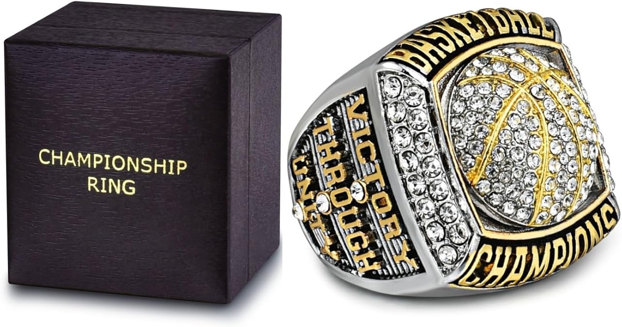 Basketball Championship Ring Gold & Silver MVP with Crystals Victory Through Unity Team Award Ring for Basketball Tournaments, Players, Coaches, Collectors