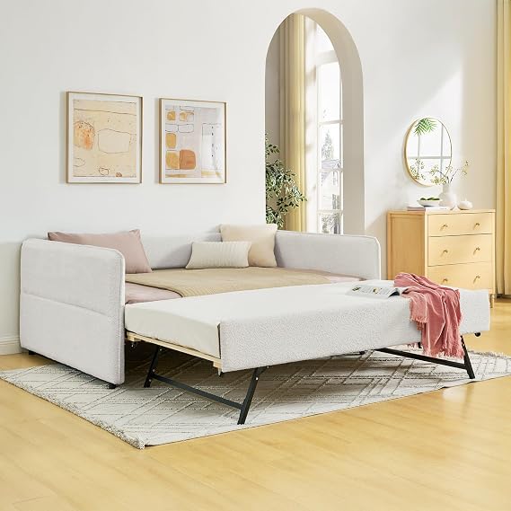 Daybed with Trundle,Boucle Fabric Twin Size Daybed,Upholstered Wood Daybed Frame with Pull Out Trundle Bed,Modern Sofa Bed,Furniture for Living Room/Bedroom/Guest Room,No Box Spring Needed,Beige