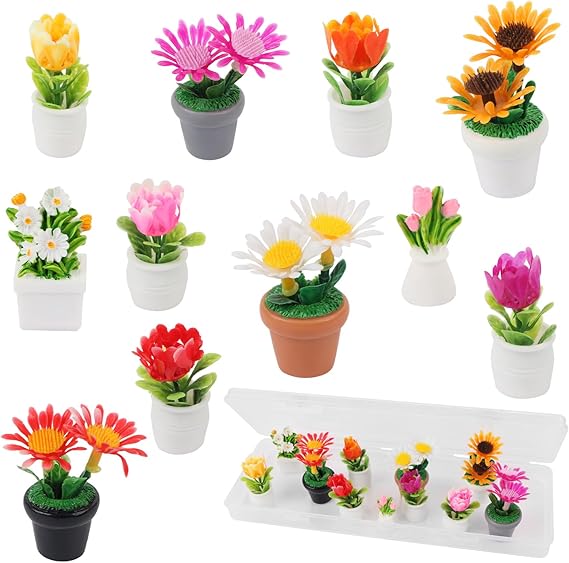 11pcs Mini Flowers Vase Bouquet Potted Plants Tiny Fairy Garden Dollhouse Floral Accessories Kits for DIY Crafts Miniature Flowers Figurines Fake Plant Pots Car Cake Terrarium Landscape Desktop Orname