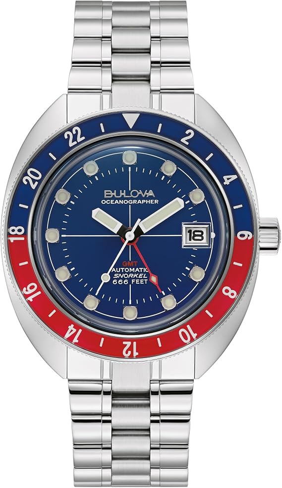 Bulova Men's Oceanographer Snorkel GMT Stainless Steel Watch, Blue and Red Bidirectional Rotating Bezel, Bezel, Blue Dial Style:96B405