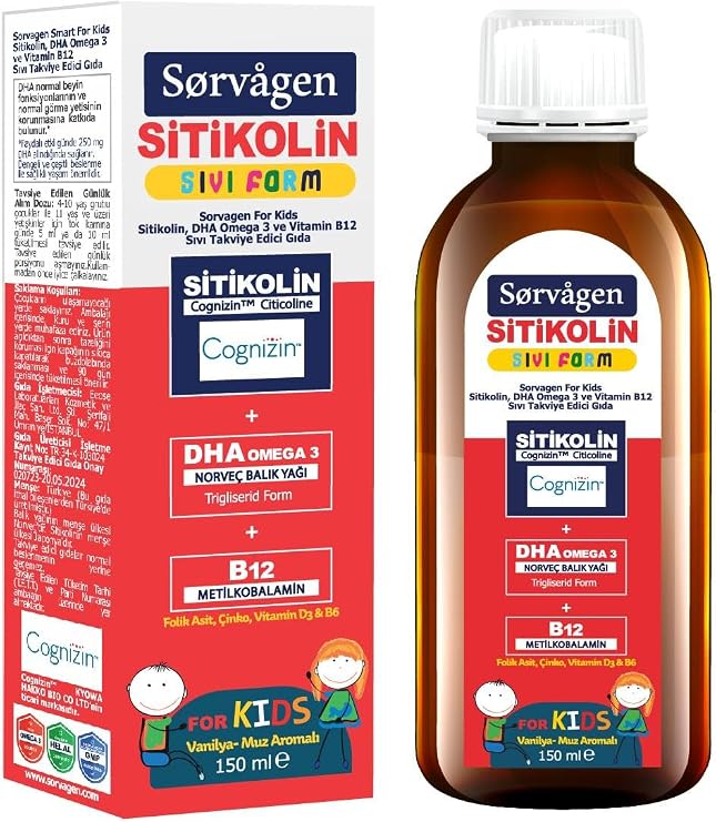 Sorvagen Kids Sıvı Form - Sitikolin DHA Omega 3 Norveç Balık Yağı ve B12-150 ml