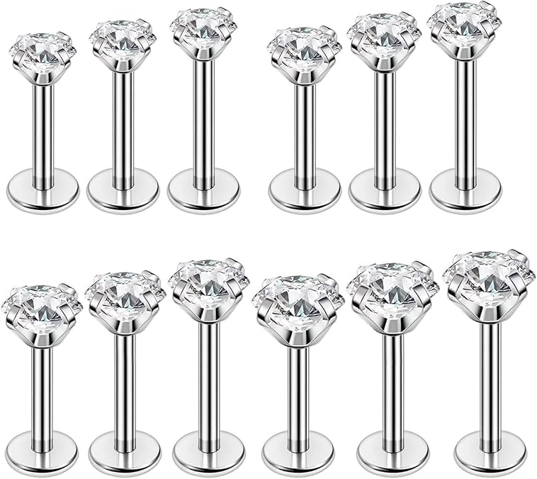 12pcs Flat Back Nose Stud Flat Back Stud Earrings 16g Labret Studs