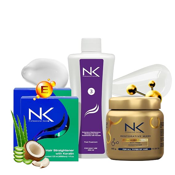 NK Professional Care. Complete Hair Straightening Treatment Kit Steps 1,2,3,4. Hair Surgery with keratin, post-treatment shampoo and restorative mask.