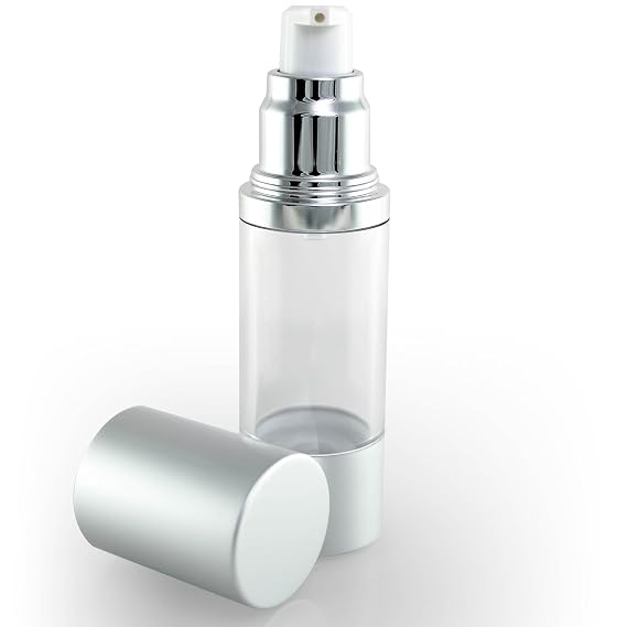 Cosmetic Packaging Now! Luxe Airless Bottle, 30 ML, Clear Bottle w/Matte Silver