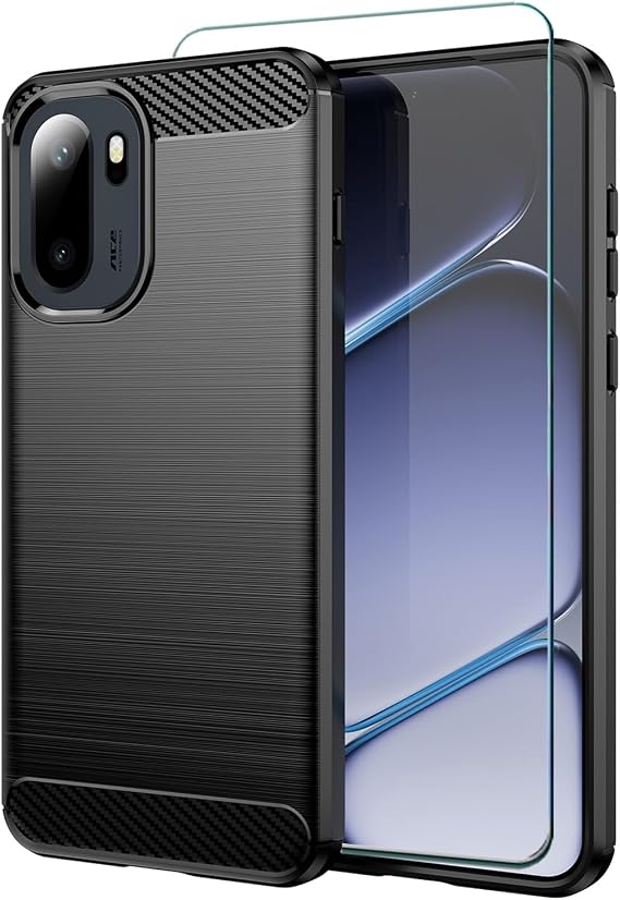 for OnePlus 15R Case with Screen Protector, Slim Flexible Carbon Fiber with Reinforced Corner Shock Absorbing Rubber Silicone Case Cover for OnePlus 15R 5G (6.83" Smartphone) -Black