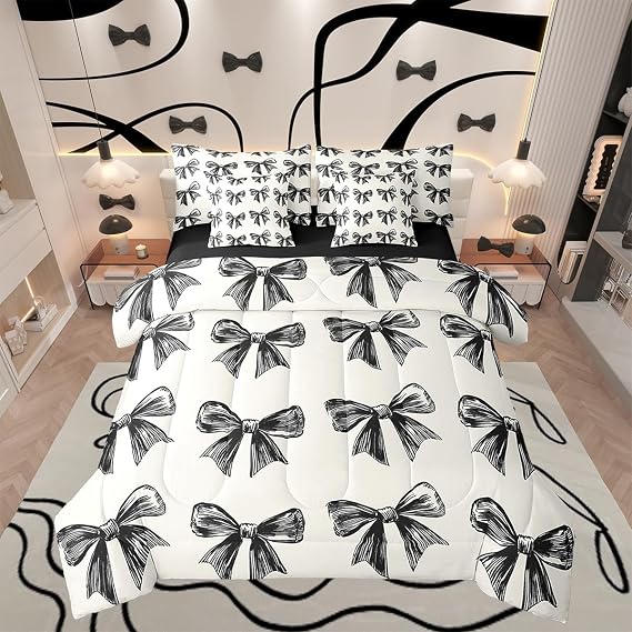 Erosebridal Bowknot Comforter Set 7 Piece for Kids, Cute Bow Tie Bedding Set Bed in A Bag Twin Size for Boys Girls Women Adult, Dreamy Princess Sheet Set Aesthetic Cartoon Bedroom Decor, Black Grey