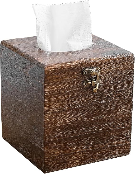 Square Wood Tissue Box Cover - Decorative Wooden Holder for Bathroom, Tabletop, Office