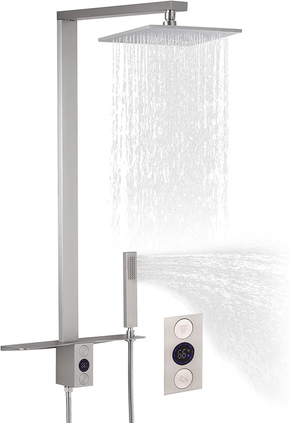 Shower System Wall Mounted Shower Faucet Set with Temperature Display, High Pressure 11" Rain Shower head with Handheld Spray Combo Retrofit Shower System Brushed Nickel