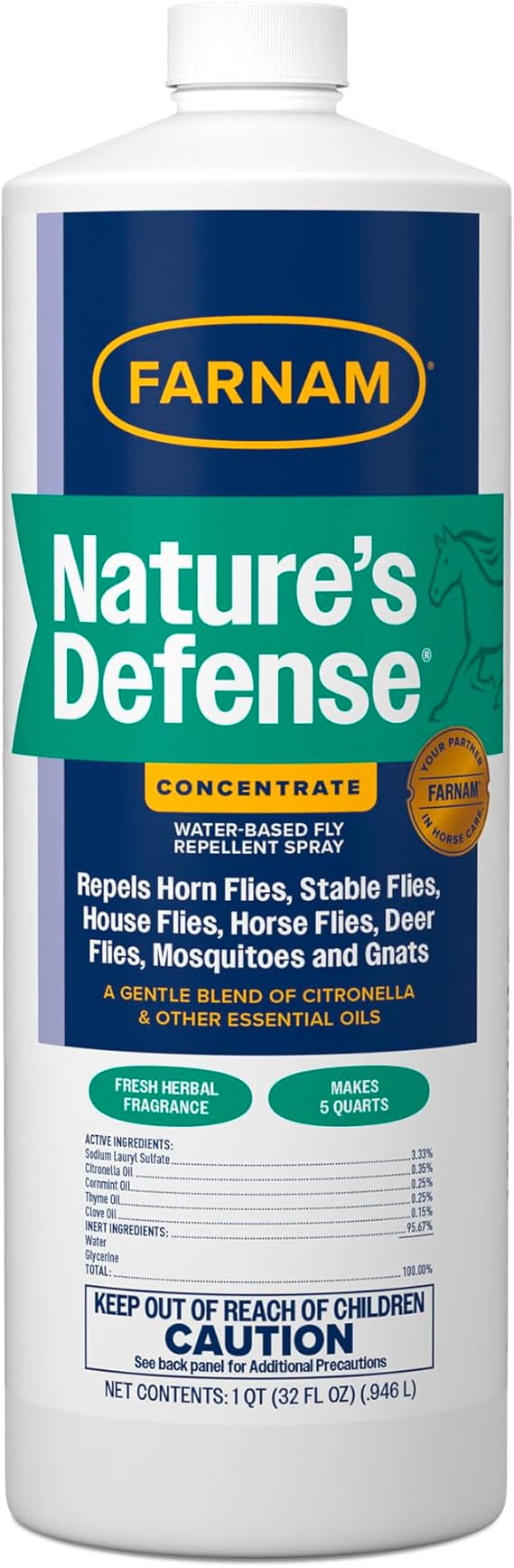 Farnam Natures Defense Concentrate, Botanical Fly Repellent Spray, 32 oz | Makes 5 Quarts,Water-Based,Repels horn flies, stable flies, house flies, horse flies, deer flies, mosquitoes and gnats