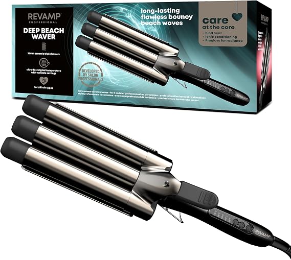 REVAMP Deep Beach Ceramic Waver - Triple 3 Barrel Hair Waver | Professional Wave Curling Iron, Progloss Shine Oils, Fast Heat, Mermaid Beach Waves, Short to Long Hair