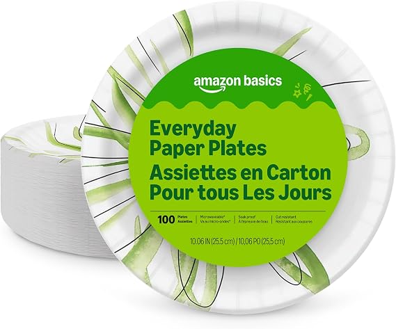 Amazon Basics Everyday Paper Plates, 10 Inch, Disposable, 100 Count, Packaging May Vary