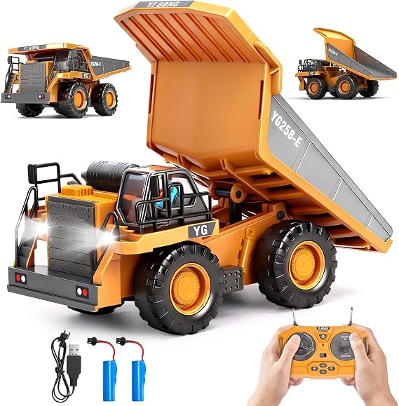 HuiJuKeJi Remote Control Dump Truck - 360 Rotating Metal Bed, 9-Channel RC Construction Toy for Indoor Outdoor Play, Rechargeable with Lights & Sounds, for Kids Ages 6+