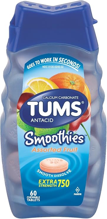 Tums Smoothies Assorted Fruit, Extra Strength 750, 60 Chewable Tablets