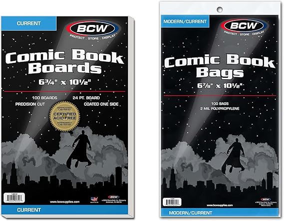 BCW Current Comic Boards and Bags Combo | 100 Polypropylene Comic Bags & Backer Boards | Acid-Free Archival Quality | Crystal Clear | Preserves Collectible Comics | Fits Standard Comic Storage Boxes | Acid-free clear sleeves, 24-pt SBS support, 3% calcium carbonate buffer, fits modern issues, protects during storage