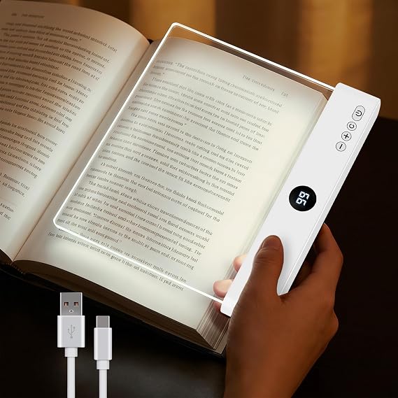 LED Panel Reading Light - Full Page Book Light & Night Light 2 in 1 (White) | USB Rechargeable Flat Reading Light - 3 Color Temperatures & Stepless Dimming with 1-99 Min Timer for Bed Time