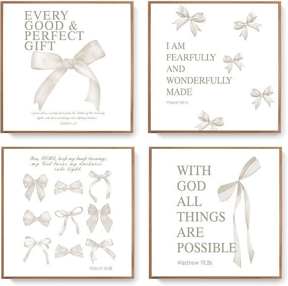 LARTSFRO Coquette Beige Bow Wall Art Decor Posters, Beige Bow Christian Room Bedroom Bathroom Dorm Wall Art Decor Aesthetic for College Teen Girls Gifts, Inspirational Bible Verses Bow Wall Decor, 10x10 Inch Set of 4 Pcs Bow Pictures (UNFRAMED)