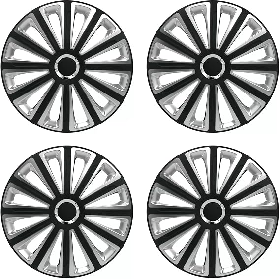 Shield Autocare Car Wheel Trims | Set of 4 Hub Caps Universal Fit Cover Protectors (Trend, Black & Silver, 16 Inch)