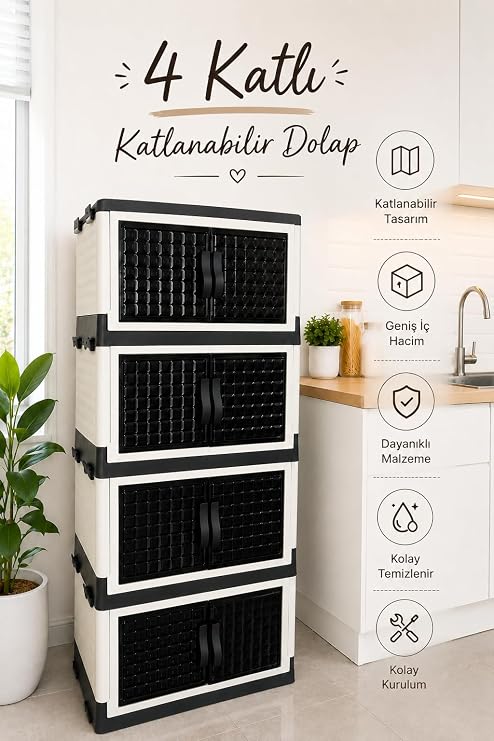 4 Katlı Katlanabilir Modüler Dolap – Ofis Kiler Banyo Mutfak Düzenleyici İstiflenebilir Çok Amaçlı Dolap 45 L