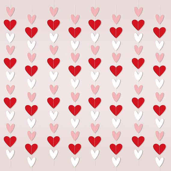 96 Red White Pink Heart Garland - NO DIY - Valentine's Day Party Decorations Supplies, Valentine's Day Hanging String Garland Banner for Wedding Engagement Anniversary Valentines Day Decor