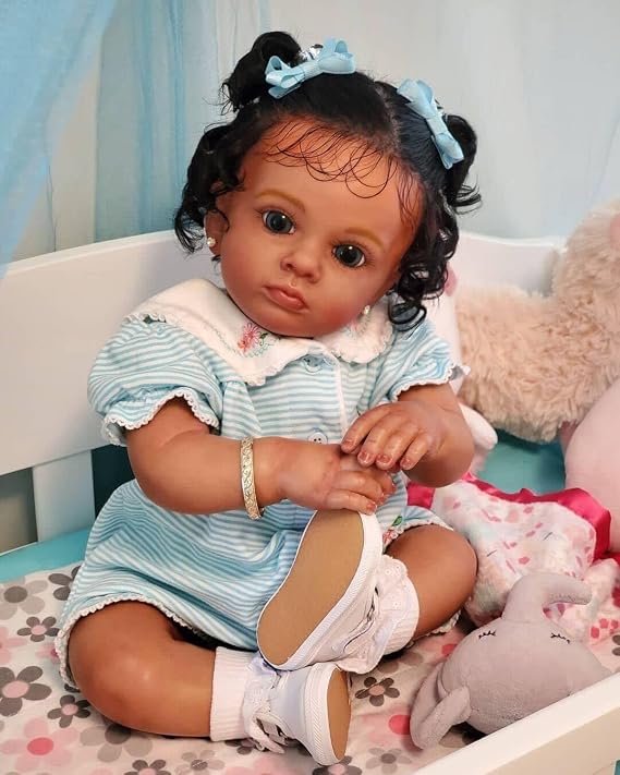 Reborn Baby Dolls Black Girl 24 Inch Dark Brown Soft Silicone Realistic Toddler Baby Dolls Weighted Cloth Body Biracial African American Newborn Baby Doll Handmade Toy for Kids
