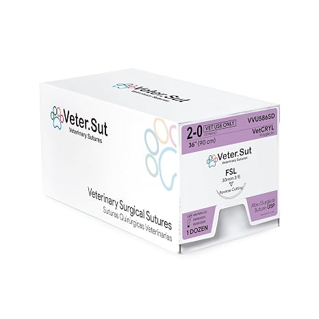 VeterSut VetCRYL Absorbable Polyglactin Sugical Suture USP Size 2-0, (FSL) 3/8 30mm Reverse Cutting Needle, 36 Inches (90 cm), 12 Count, Veterinary Use