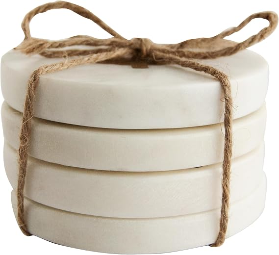 Creative Co-Op Round Marble Coasters with Brass Tree Inlay, White, Set of 4