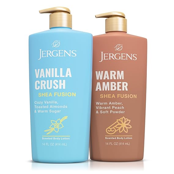 Jergens Shea Fusion Lotion Duo, Vanilla Crush & Warm Amber, 14 fl oz, 2pk | Shea Butter, Vitamin E, Two Signature Scents, Long-Lasting Moisture, Soft Smooth Skin