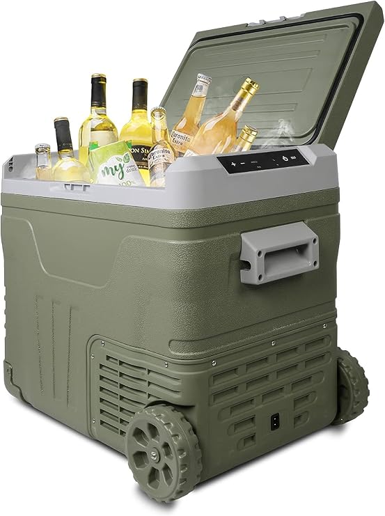 12 Volt Car Refrigerator, 45.4 Quart Portable Car Freezer with Wheels, Pull Rod, Temperature Display (-4F-68F), 12/24V DC & 100-240V AC, Fridge Freezer for Car, RV, Camping, Outdoor and Home Use