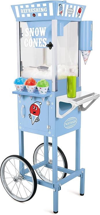 Nostalgia Snow Cone Shaved Ice Machine - Retro Cart Slushie Machine Makes 72 Icy Treats - Includes Metal Scoop, 2 Syrup Bottles, 100 Paper Cups/Spoons, Storage Compartment, Wheels - Blue, 54" Tall