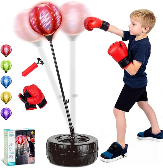 50" LED Punching Bag for Kids Ages 3-12, Height Adjustable Boxing Bag with Stand and Gloves, Light-Up Speed Bag for Training, Fitness, Stress Relief, Boys Girls Indoor Toy, Birthday
