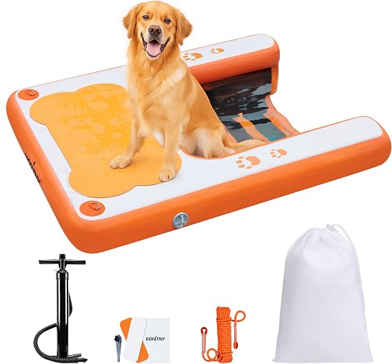 VOFiTNY Dog Pool Ramp, Safe Pool Ramp for Dogs Up to 200lbs, 2025 New Dog Boat Ramps with Non-Slip EVA Pad&Weighten Ladder, Puppy Steps for Pool/Boat/Dock/Sea, Orange Doggie Dock with Hand Pump