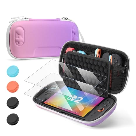 SQERO Switch Case for Nintendo Switch 2, Upgraded Honeycomb Shock-absorbing Design, 3 in 1 Accessories Bundle with 10 Game Cards Storage, 2 Screen Protectors, 2 Pairs Thumb Grip Caps