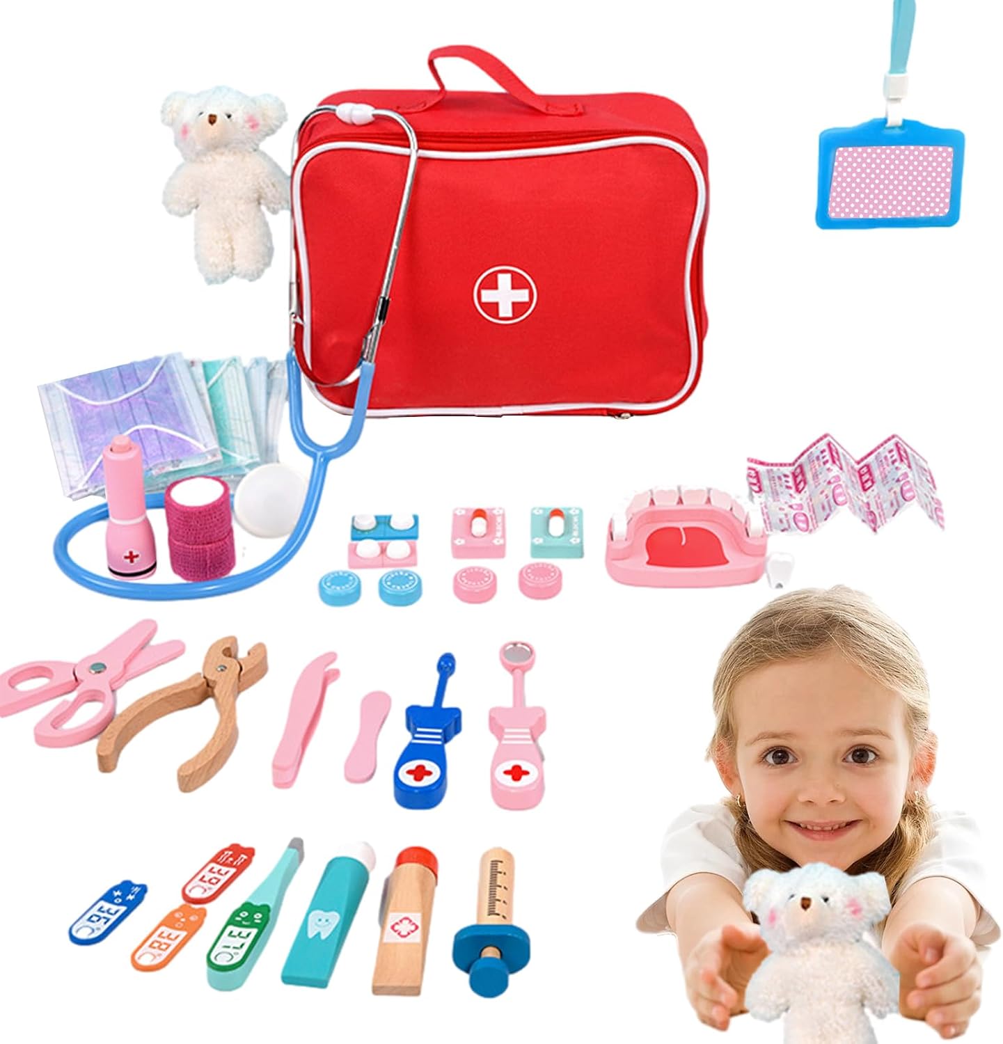 Pretend Doctor Set with Storage Bag, Wooden Toy Pretend Play Set, Wooden Pretend Play Dentist, Medical Kit, Doctor Mini Doctor Role Play, Educational Toys, Imagination Development, Indoor Games,