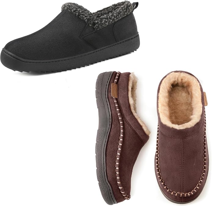 Two Styles for Men Set of 2 Pairs Size 9-10&10,Men's Slip On Moccasin Slippers, Indoor/Outdoor Warm Fuzzy Comfy House Shoes, Fluffy Wide Loafer Slippers,Coffee&Black