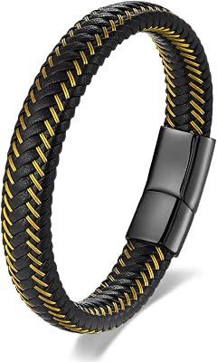 Leather Interwoven with Stainless Steel Cable Braided Bangle Bracelet Mens Womens Minimalist