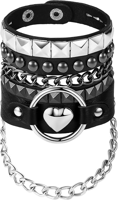 Punk Spiked Bracelets for Men Women: 3PC Adjustable Gothic Studded Leather Cuff Chain Wristband for Halloween Rock Concert
