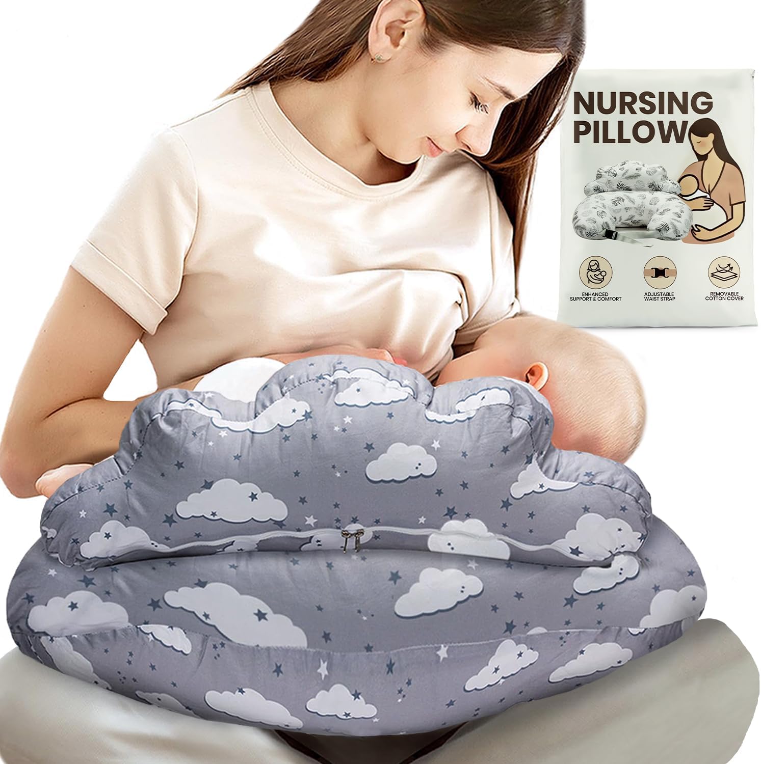 PILLANI Breastfeeding Pillow, Plus Size Breastfeeding Pillow, Increased Support and Comfort for Moms and Babies, Removable Cotton Cover, Adjustable Waist Strap, Nursing Essentials, Baby Registry