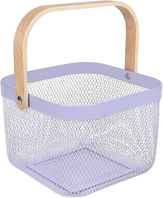 AJIODA Metal Mesh Steel Basket, Storage Organizer Basket Multi-functional Hanging Kitchen Baskets Fruit Basket Bin with Bamboo Handle for Kitchen Bathroom Picnic Shopping Decor Cabinet Home, Purple