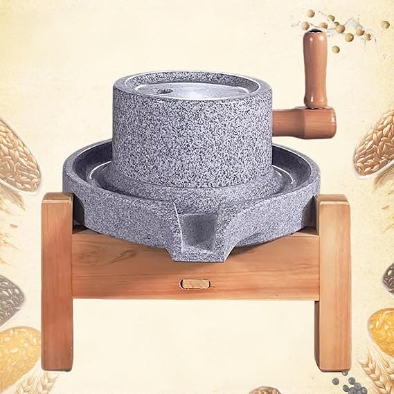 Manual Stone Grain Mill, Small Natural Hand Crank Flour Mill, Granite Food Mill Grinder with Stable Wood Base(8.7x13.8in/22x35cm)