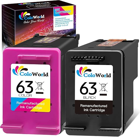 ColoWorld Remanufactured for HP Ink 63 Replacement for HP 63 Ink Cartridge Combo Pack Fit for Envy 4520 3634 OfficeJet 3830 5252 4650 5258 4655 4652 DeskJet3636 3630 Printer (1 Black,1 Color)