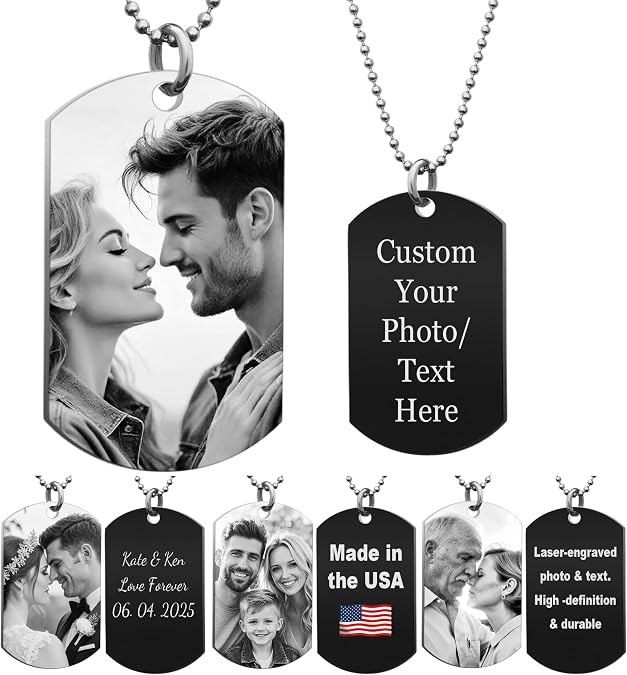 Pearsonalized Engraved Custom Photo Text Dog Tag Pendant Ball Chain Necklace Blue/Black