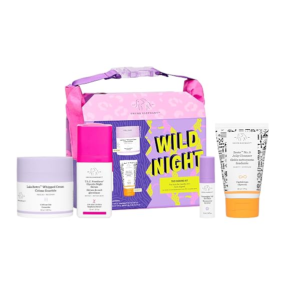 Drunk Elephant Wild Night: The Evening Kit: includes Lala Retro Whipped Cream, T.L.C. Framboos Glycolic Night Serum, Ceramighty AF Eye Balm, and Beste No. 9 Jelly Cleanser