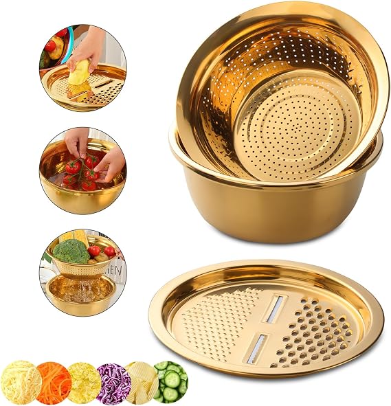 DOCBLACK Colander, 3Pcs Stainless Steel Kitchen Tool 3 in 1 Drain Basket Fruit and Vegetable Cutter Strainer Bowl Set Drain Pot Basket Grater for Fruits Vegetables Rice Washing Mixing - Gold