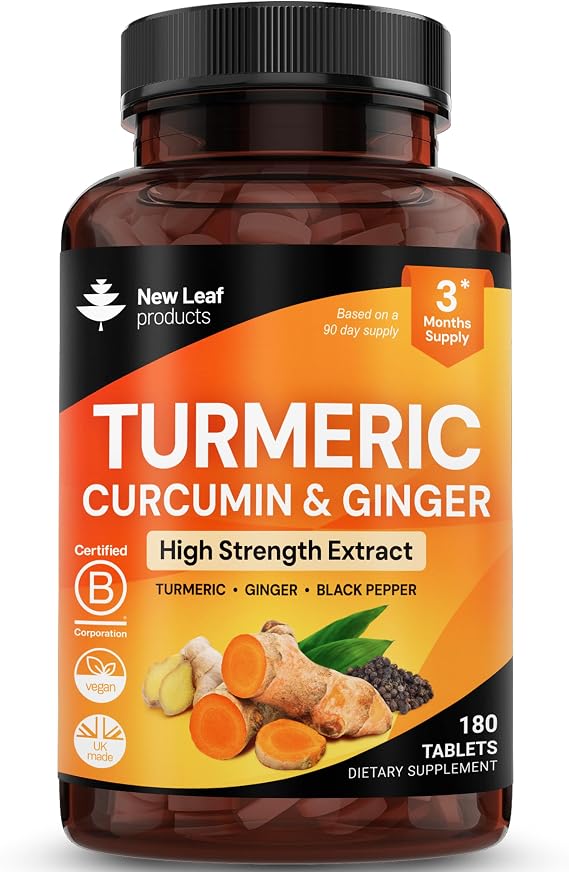 Turmeric Tablets with Black Pepper & Ginger - Curcumin - 180 Turmeric and Black Pepper Tablets (3 Month) High Strength Active Turmeric Supplements Not Capsules, by New Leaf